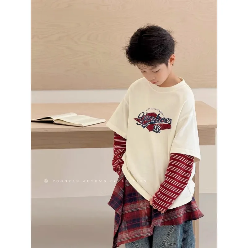 

Boys Splicing Long-sleeved T-shirt Spring and Autumn New Children's Fake Two-piece Top 2025 Pure Cotton Loose Bottoming Shirt