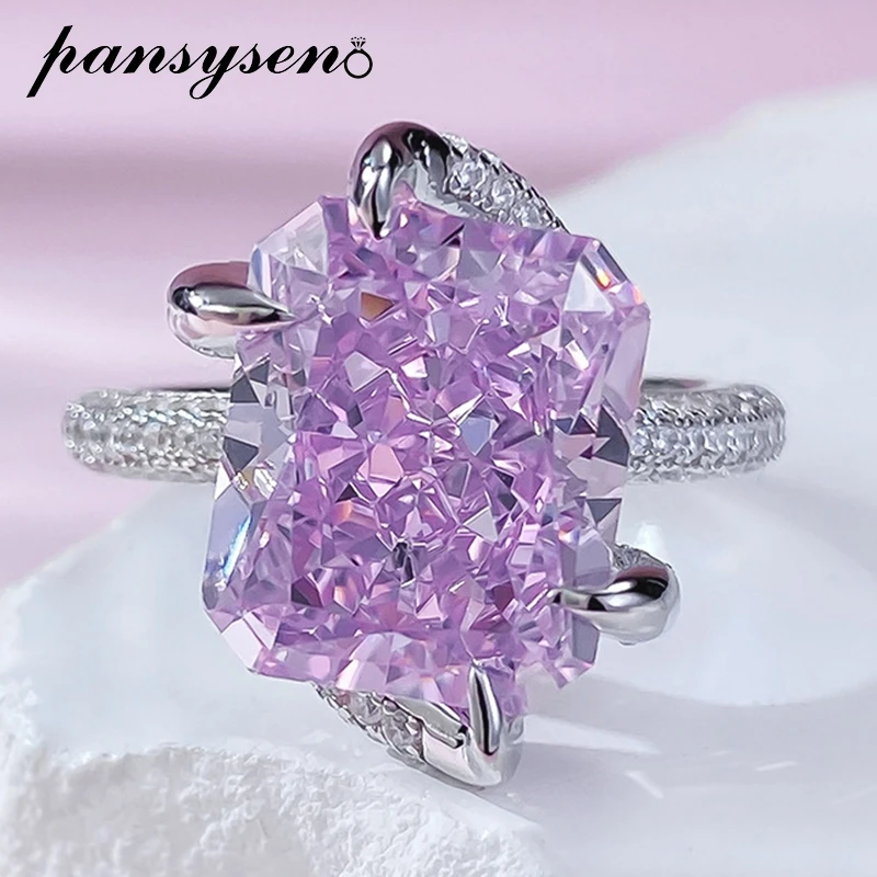 

PANSYSEN Luxury 925 Sterling Silver 10*12MM Crushed Ice Cut Pink Sapphire Diamond Ring for Women Wedding Engagement Jewelry Gift