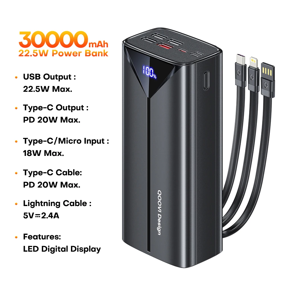 QOOVI 30000 mah Power Bank 22,5 W Schnelle Lade Integrierte Kabel Externe Große Batterie Tragbare Ladegerät Für iPhone Samsung Xiaomi 5