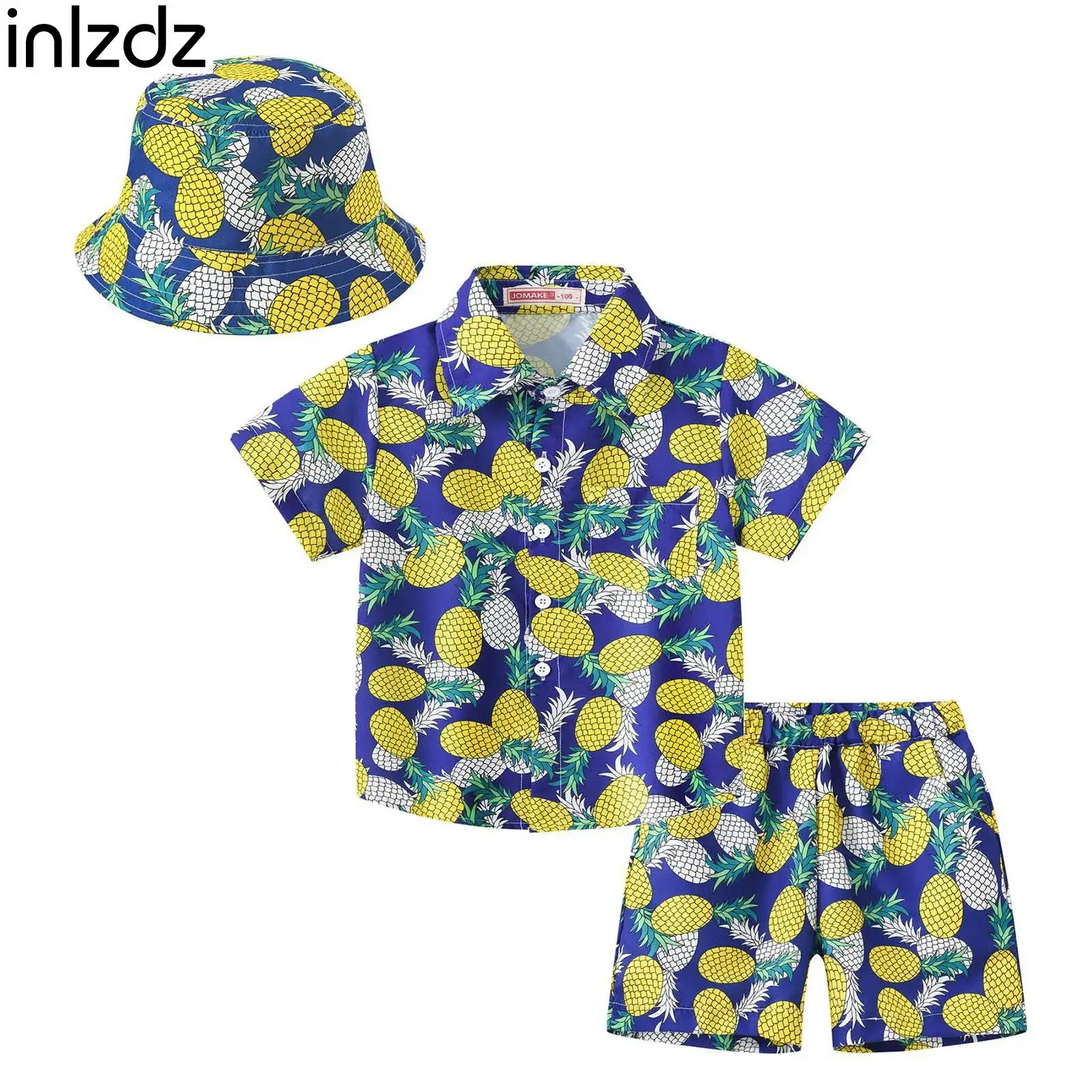 

3Pcs Kids Boys Casual Hawaiian Swimsuits Outfits Short Sleeve Shirt and Shorts with Bucket Hat Set Summer Tropical Beach Wear