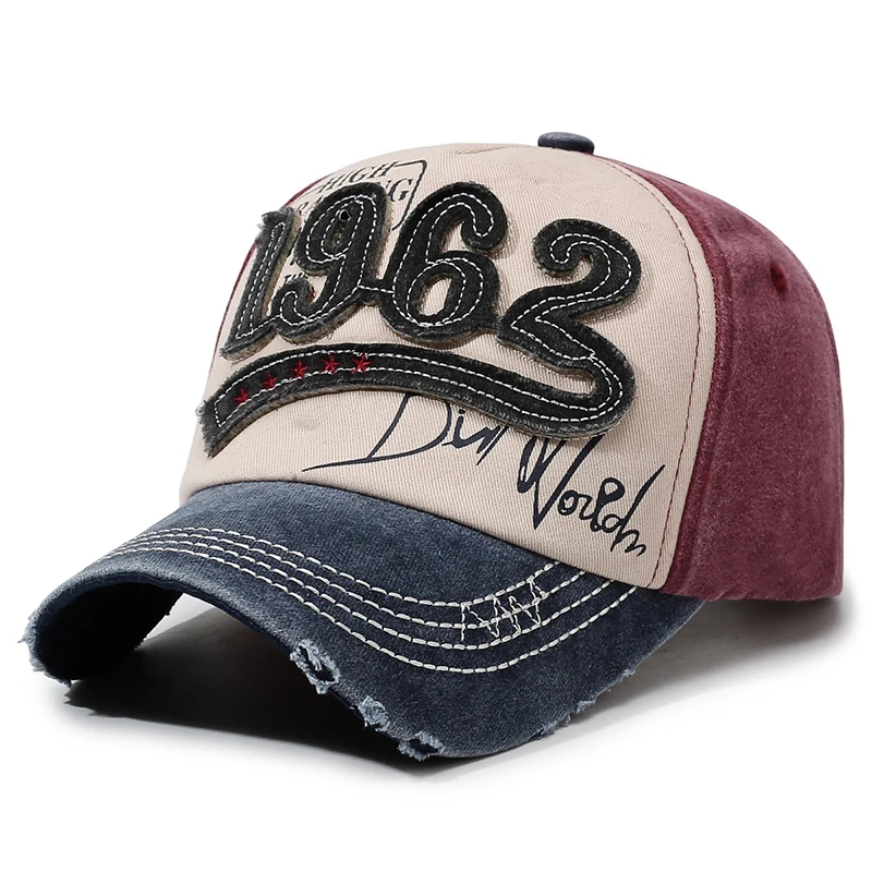 Unisex Retro 1962 Numbered Letter Baseball Cap Color-Blocked Washed Duckbill Hat Adjustable Retro Style Outdoor Cap