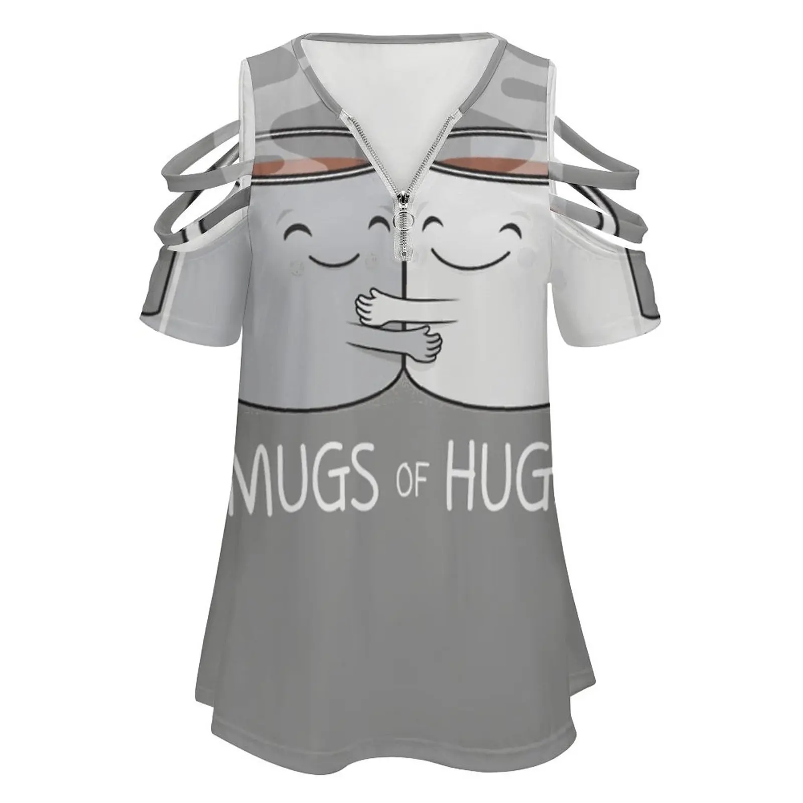 Mugs Of Hugs New Fashion Zip Off Shoulder Top Short-Sleeve Women Shirt Coffee Java Happiness Mornings Coffee Lover Hus Cute