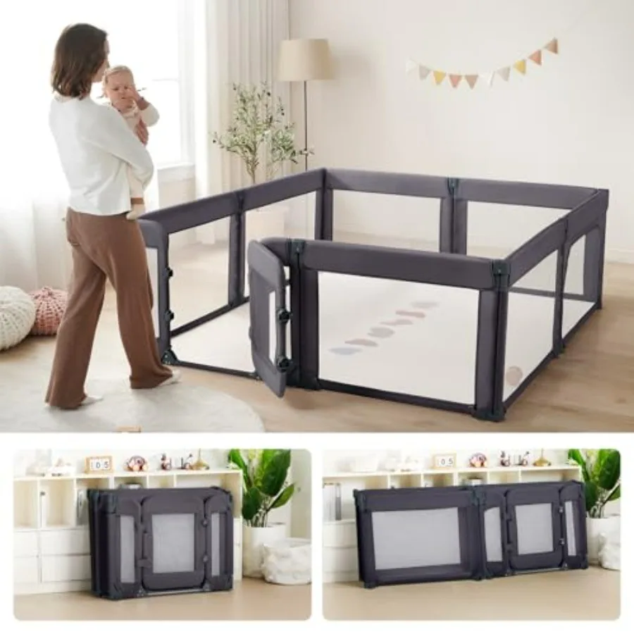 

Большой манеж для младенцев и малышей с дверцей, 79x71 дюймов, регулируемый, с нескользящим основанием на присосках, безопасный и прочный, для использования в помещении