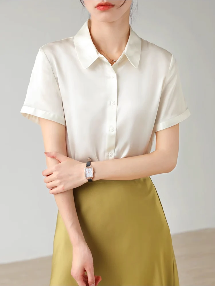 SuyaDream, Woman Solid Shirts, 95%Silk 5%Spandex, Short Sleeved, White Chic Blouses, 2025 Spring Summer Top, Navy, Black
