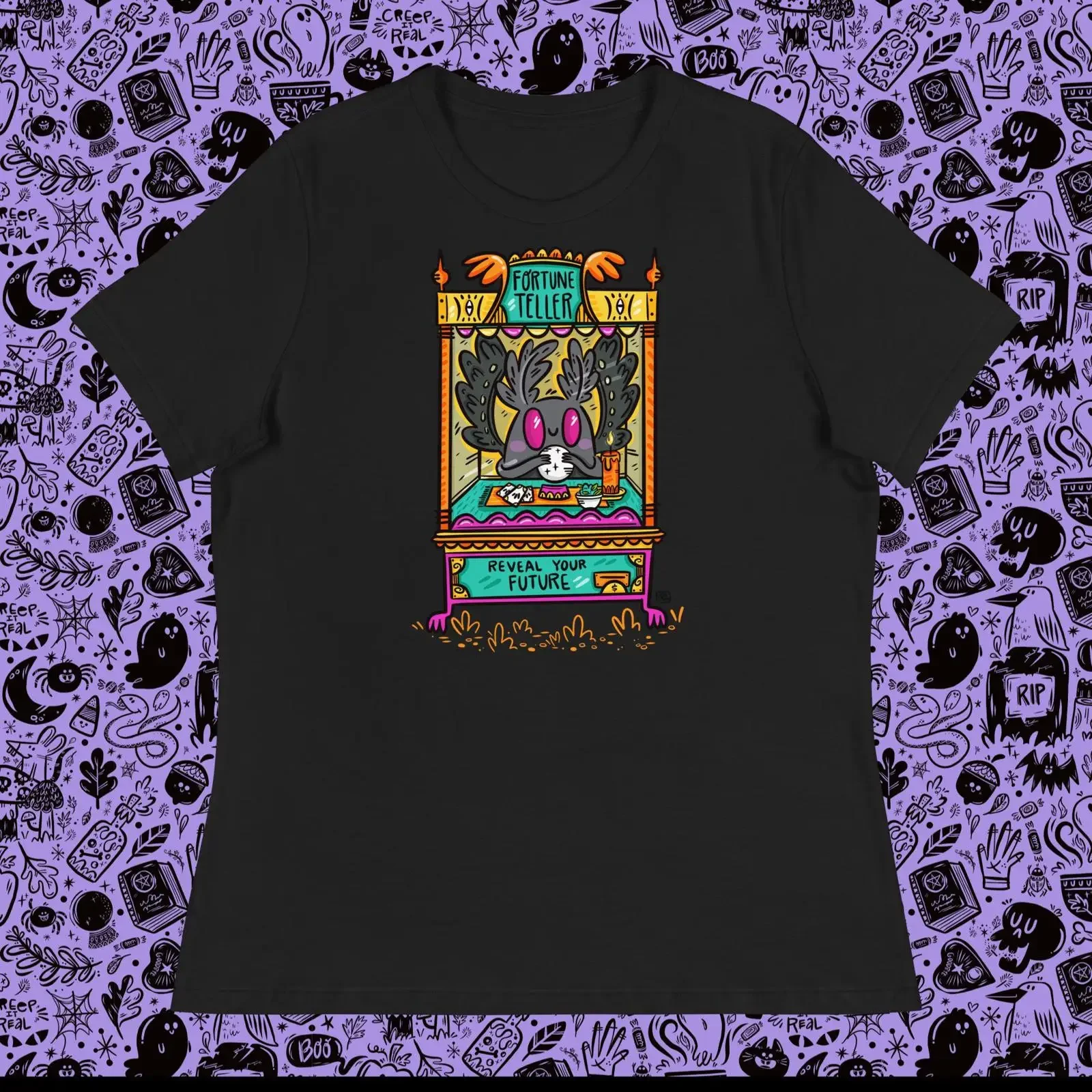 Mothman Fortune Teller Women's Relaxed T Shirt vintage Washed Stretched Stylish Soft fashion Breathable graphic Slightly