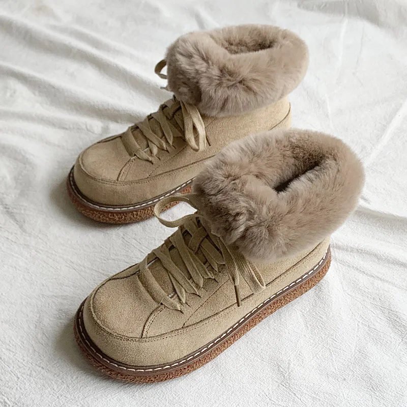 CICIYANG Snow Boots For Girls 2024 New Winter Women With Thick Fur Non-slip Ankle Boots Lace-up  Warm Cotton Shoes Khaki Color