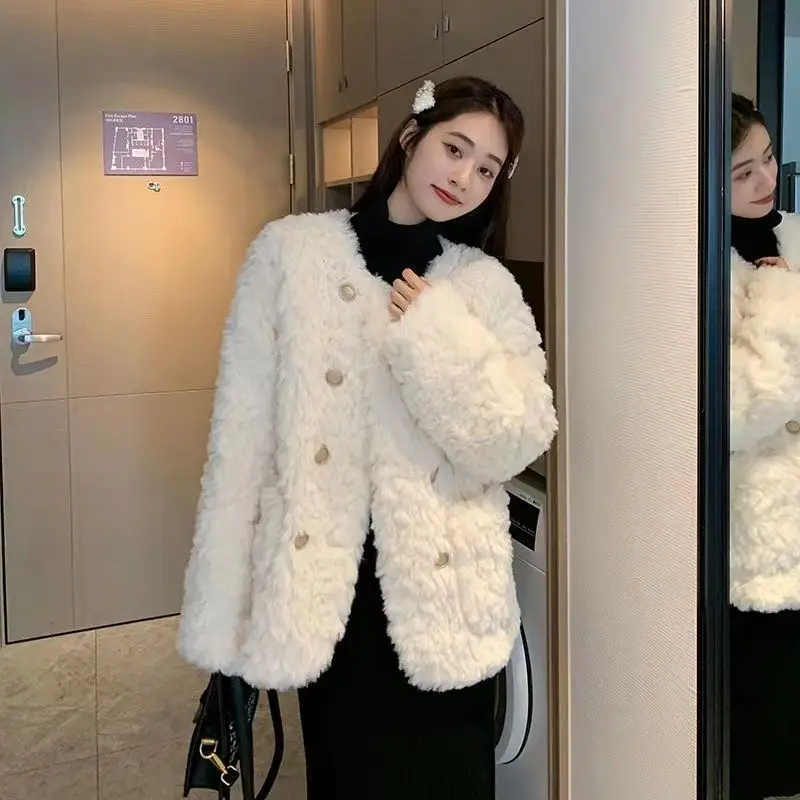 Lamb Fur Women Coats Autumn Winter Solid Thick Warm V-Neck Long-Sleeved Casual All Match Female Outwear Jackets