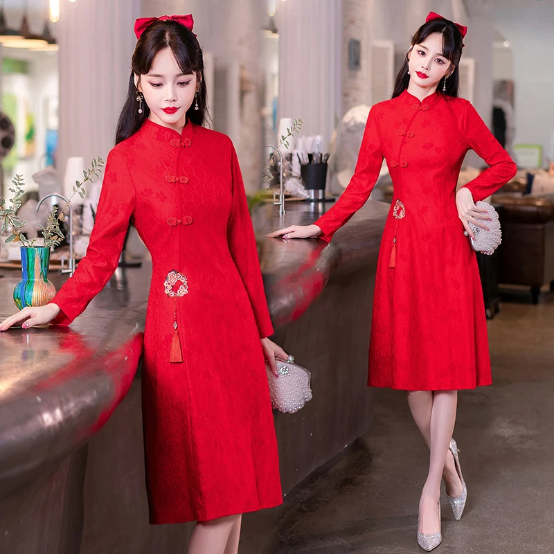 

High-end Modern Improved Long Sleeve Cheongsam Good Quality Chinese Traditional Qipao Asian Dress Women's Clothing CNY