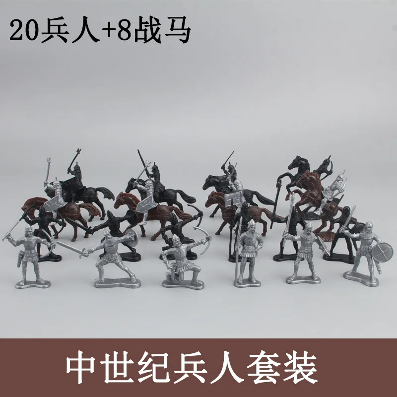 28Pcs/Set Medieval Knights Warriors Horses kit Roman Cavalry  Soldier Figures Static Model Playset Playing On Sand Castles Toy