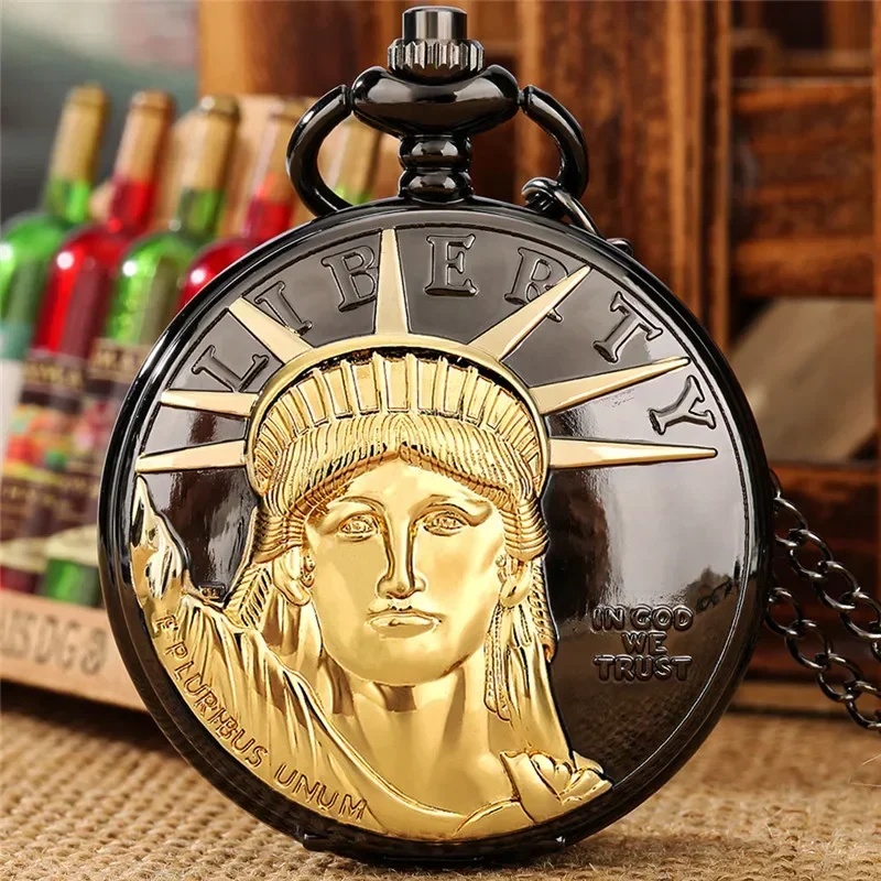 Antique Pocket Watch Statue of Liberty Cover Men Women Quartz Analog Clock Roman Number Necklace Pendant Chain Souvenir