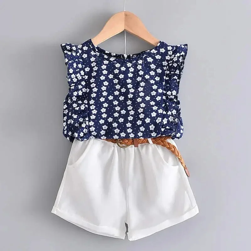 Keelorn Summer Fashion Clothes Casual Girls Sets Flower Print Pattern Top T-shirt Short Pant with Pocket Kids Costumes 3-7 Y