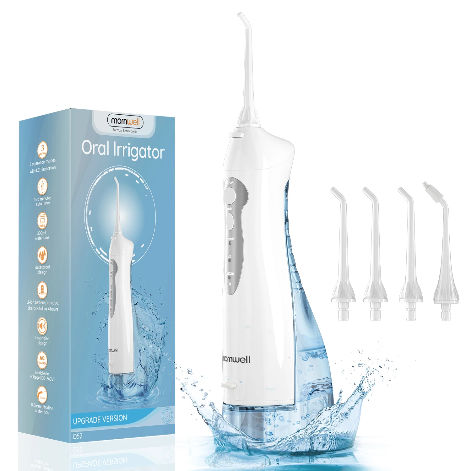 

Mornwell New D52Pro Oral Irrigator Rechargeable Water Flosser Portable 300ML 4 Nozzles Dental Water Jet Waterproof Teeth Cleaner