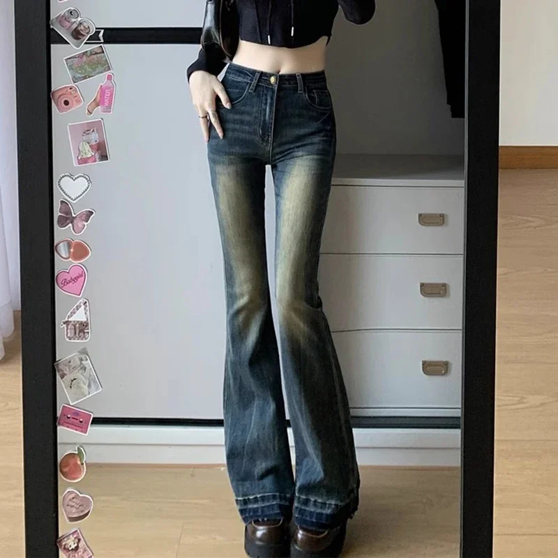 Woman Vintage High Waist Baggy Bell Bottom Jeans Female Fashion Flare Pants Girls Aesthetic Blue Trashy Y2k 2000s Denim Trousers