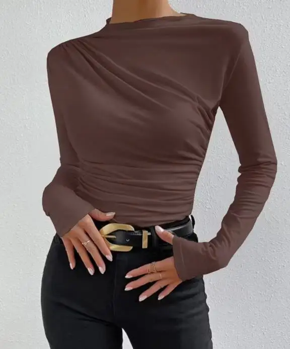 2025 موضة جديدة عادية بلون سليم صالح قاعدة قميص مع تصميم مطوي بأكمام طويلة تي شيرت المرأة البلوز الأعلى