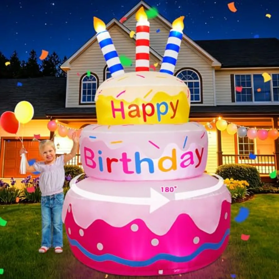 

6FT Happy Birthday Inflatable Cake with 180° Rotation and LED Lights, Blow Up Outdoor Yard Decoration with Rotating Colorful Ap