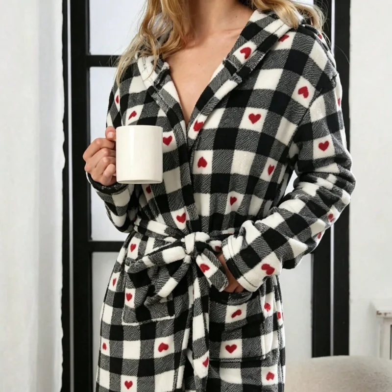 Wpmen Black and White Grid Sleepwear Warm Thick Flannel Home Wear Hooded Long Sleeve Home Clothes Outdoos Elegant Loungewear