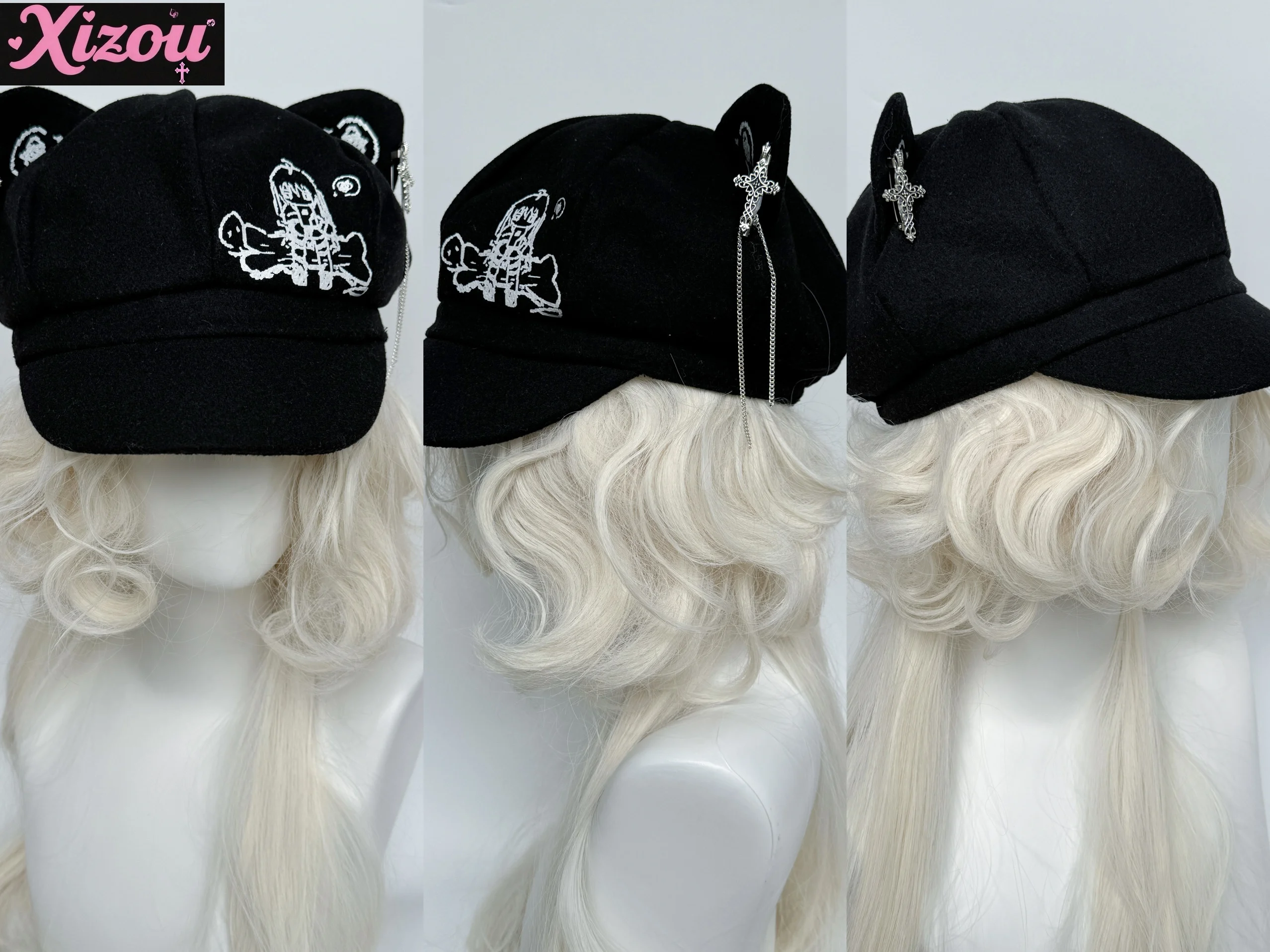 Japanese Original Small Bones House Broken Cat Ear Accessories Detachable Subculture House Hats Cute Casual Hat Beret for Women