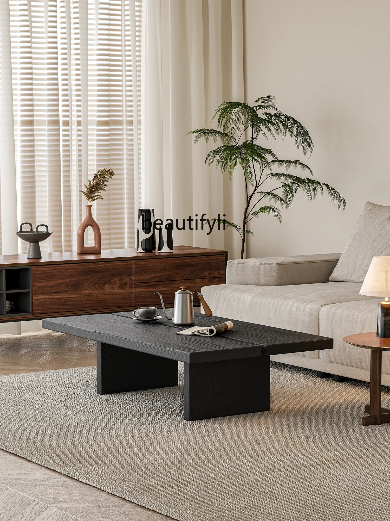 Retro Distressed Solid Wood Tea Table  Designer Log Tea Table Japanese Style Silent Wind Black Tea Table furniture living room