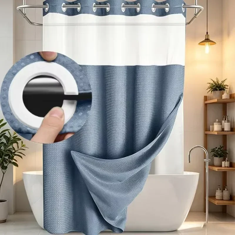 1PC Dotted Waffle Weave Shower Curtain Set Hotel Spa Grade Fabric 71x74 with Snap-In Liner No Hooks Required