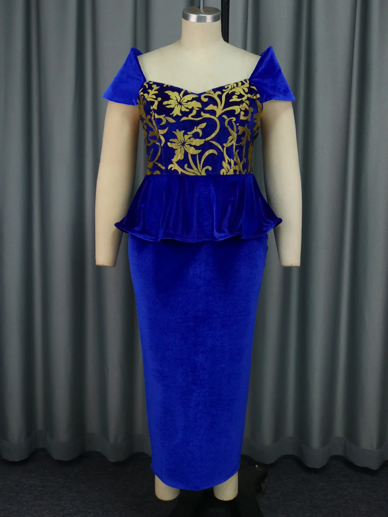 Abito da festa lungo in velluto blu Vintage da donna con spalle scoperte peplo stampato ombelico aderente formale festeggia abiti da sera per eventi