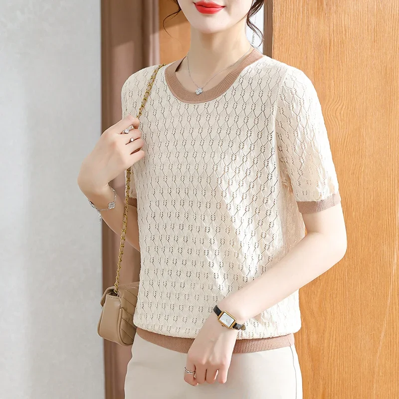 Summer Short Sleeve Blouse Knitted Shirt Women Tops 2024 New Casual Ice Silk Shirts Fashion Hollow Out Loose Clothes 27861