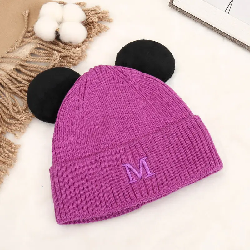 2022 new cartoon cute ear wool hat M letter embroidery knitted hat autumn and winter double-layer thickened warm hat