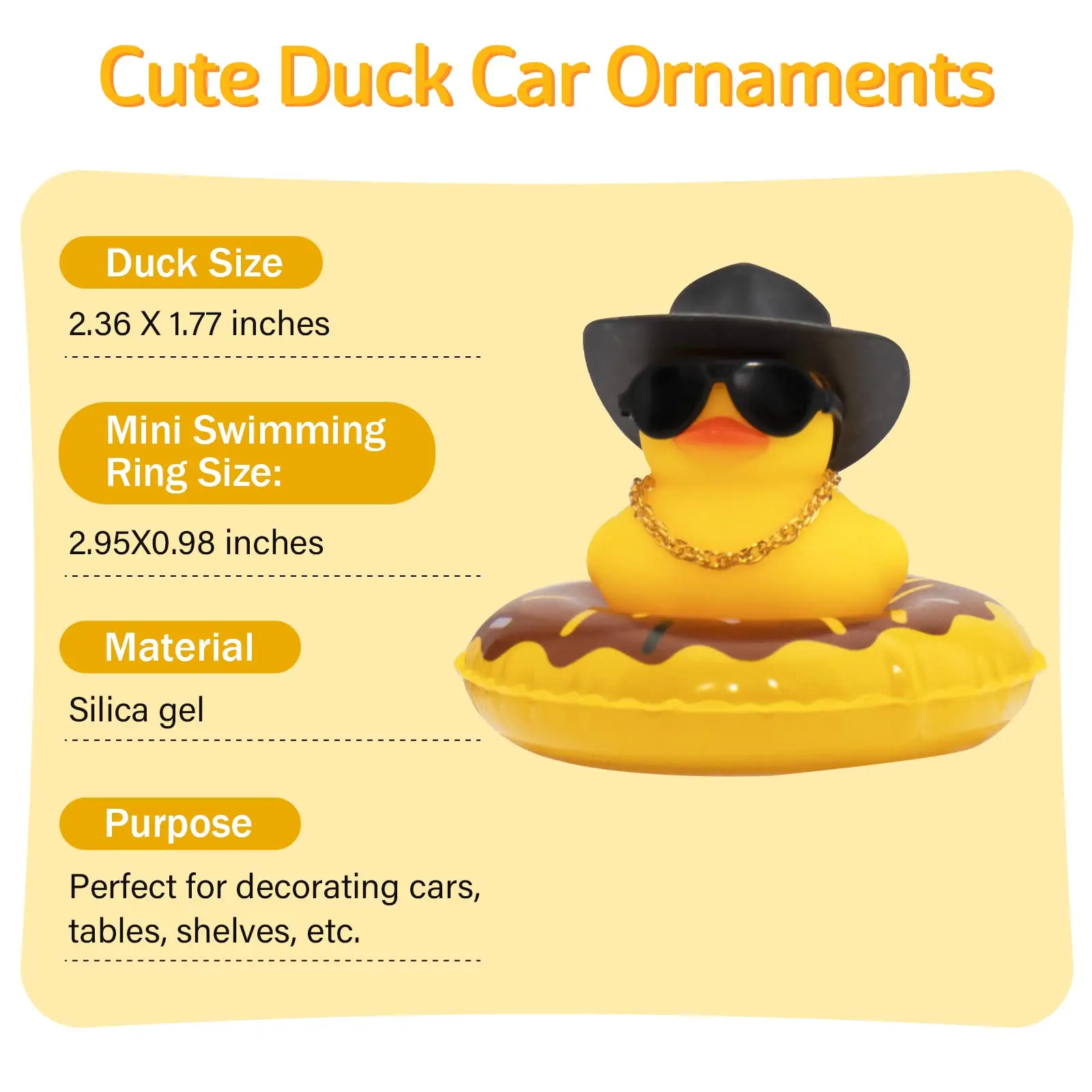 Car Rubber Duck, Yellow Duck Decoration Dashboard with Sun Hat Swim Ring Necklace Sunglasses for Car Dashboard Decorations