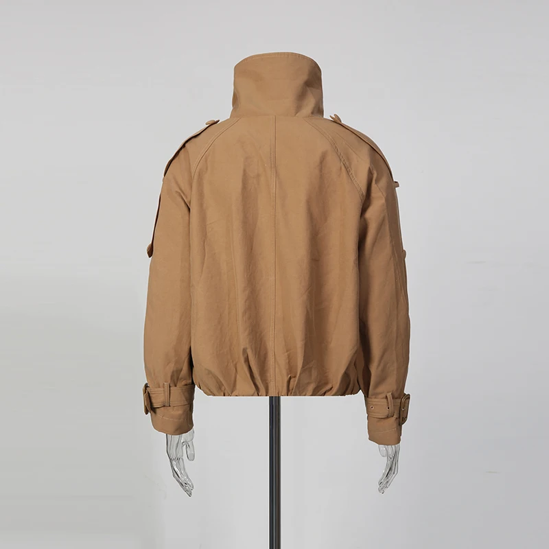 TWOTWINSTYLE Khakl Gesplitst Double Breasted Jas Vrouwelijke Coltrui Lange Mouw Streetwear vrouwen Jassen Herfst Mode Nieuwe