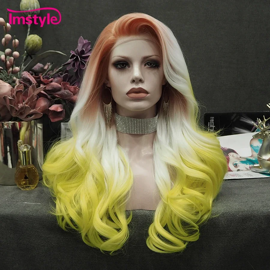 Imstyle Synthetic Lace Front Wig Ombre Yellow Long Natural Wavy Hair for Women Heat Resistant Fiber Cosplay Wigs