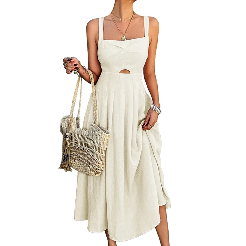 【SEE】 فستان نسائي بربطة أمامية وأزرار سفلية على شكل حرف A فستان صيفي بحزام سباغيتي متوسط الطول بطبعات زهور