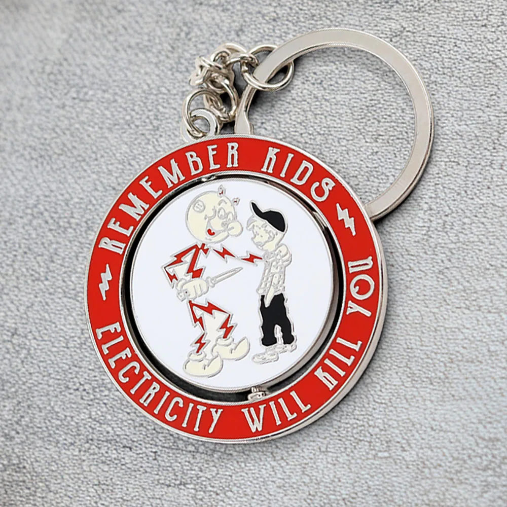 Reddy Kilowatt Children Retro Warning Keychain Power Warning Slogan Key Ring Rotating Hazard Warn Pendant Student Bag Decoration