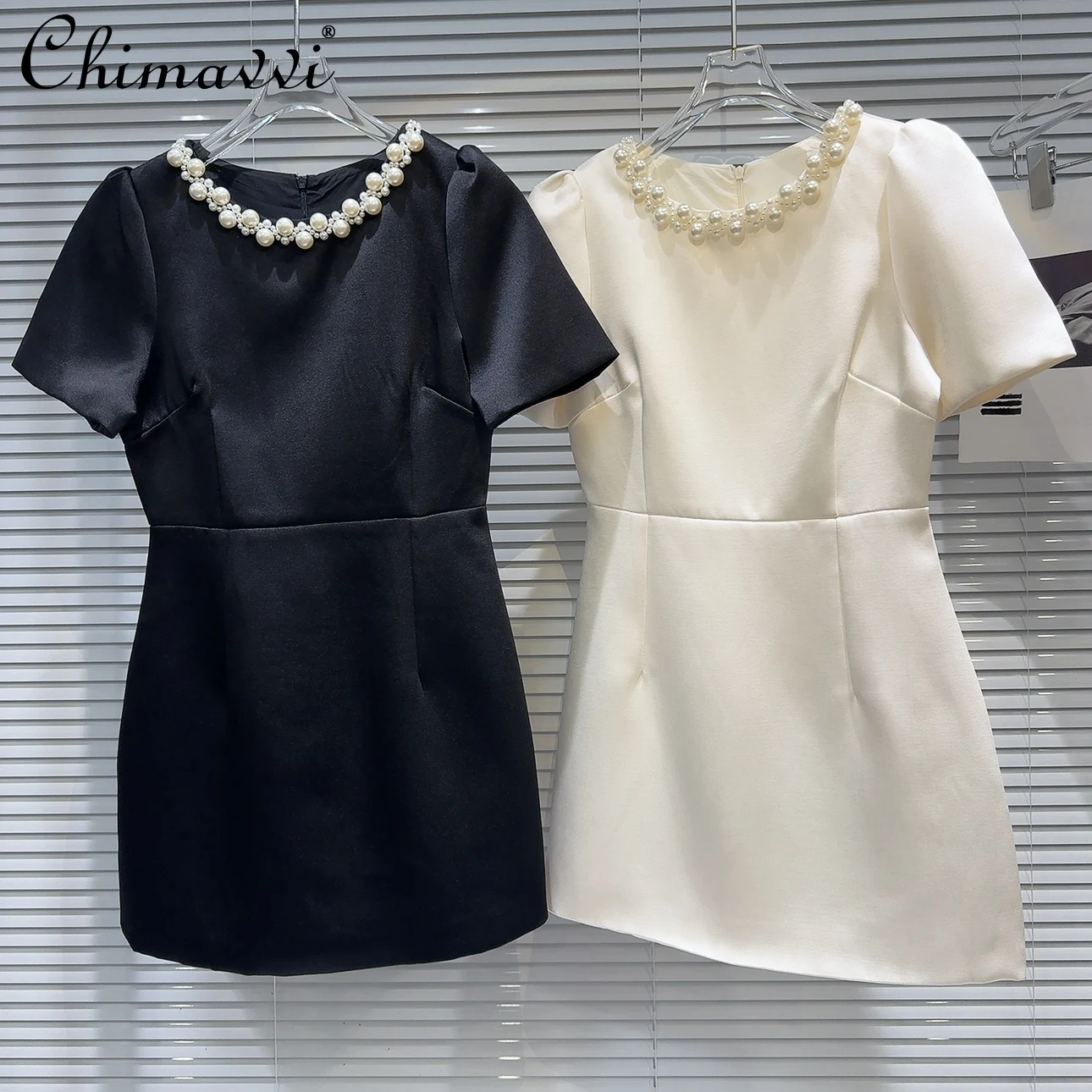 

Summer New French Fashion Pearl Collar Edge Solid Color Satin Ladies Dress High Waist Slim Elegant Socialite Short Sleeve Dress