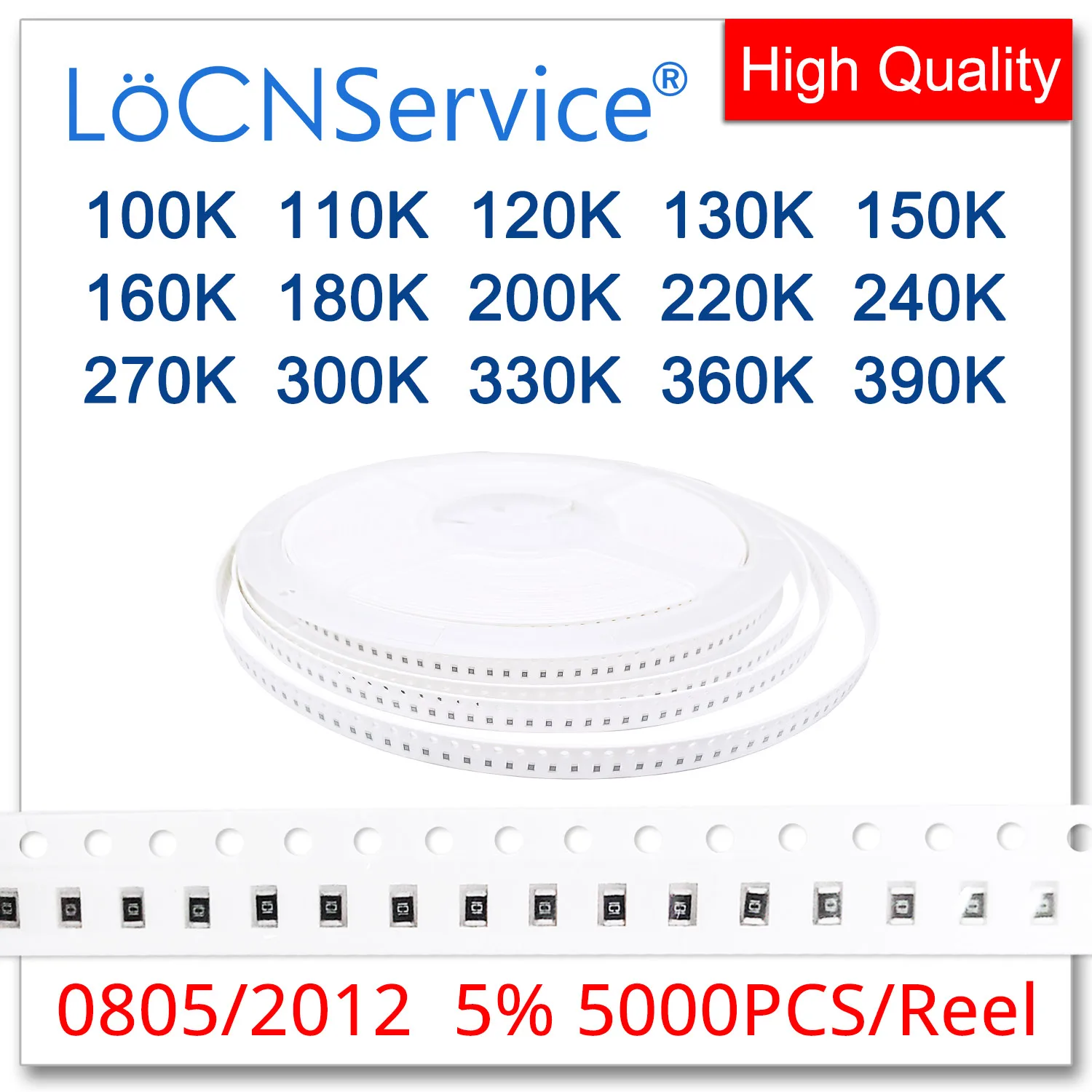 LoCNService 0805 J 5%, 5000 шт., 100K, 110K, 120K, 130K, 150K, 160K, 180K, 200K, 220K, 240K, 270K, smd 300, резистор, Ом