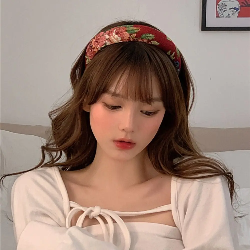 Korean Retro Elegant Embroidery Sponge Headband Sweet Temperament Hair Hoop for Women Girls Fashion Headwear