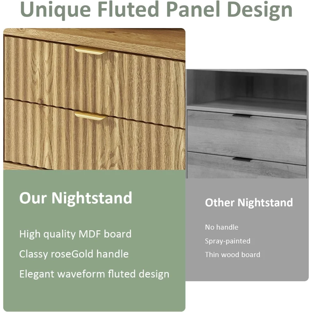 Set di 2 comodini scanalati, comodini marroni con 2 cassetti e ripiani aperti