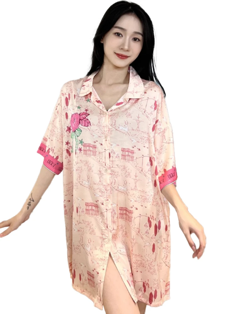 Stain Nightdress for Women Short Sleeve Spring Summer Nightgowns & Sleepshirts Women Sleepwear Shirt Buttons Outwear Shirt