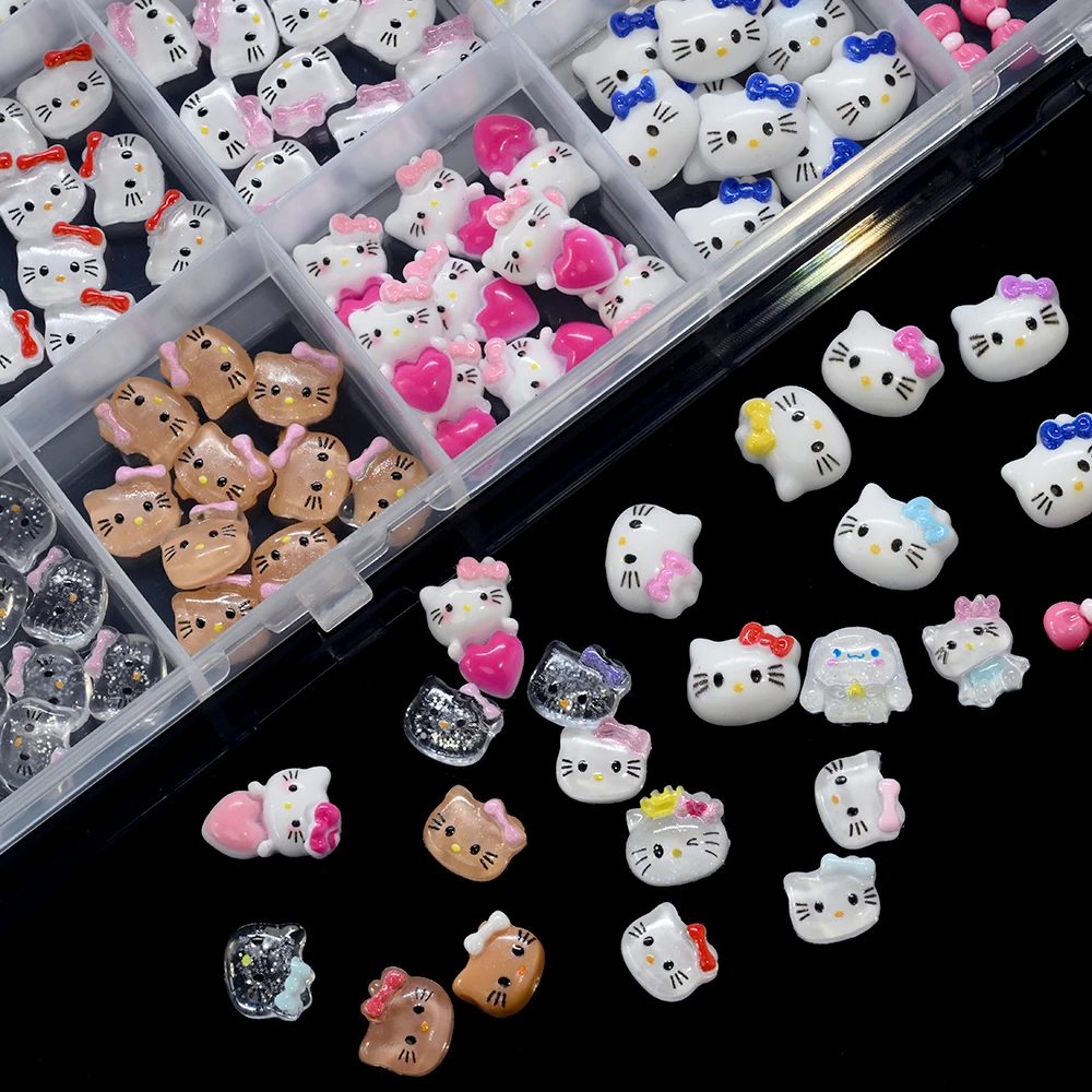 12/24grids 3D Mixed Cartoon Glitter Hello Kitty Head Nail Charms Pink/Blue/Red Bow Kawaii Kitty Nail Rhinestone DIY Nail KT Part