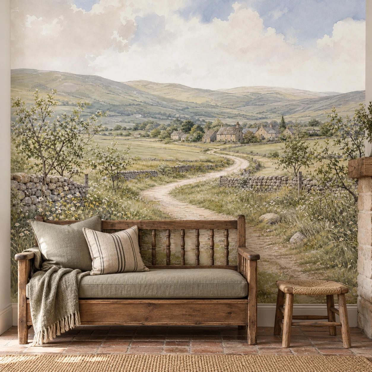 Landscape Wall Mural Non Self Adhesive English Countryside Wallpaper Vintage Stone Village Scenery Living Room Bedroom Art Decor