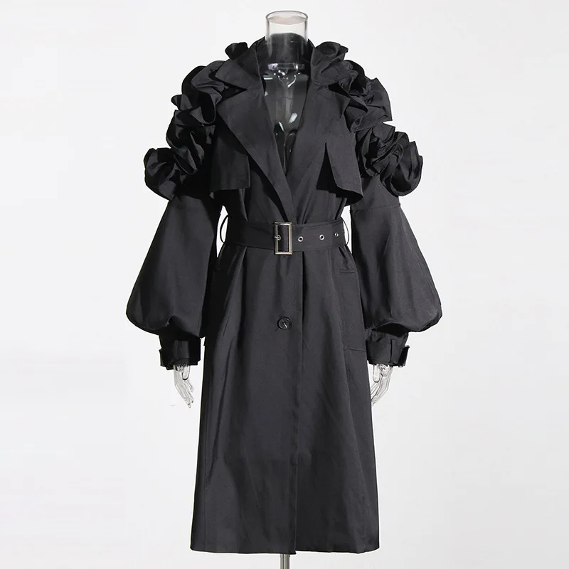 ZAMOR Chic Mid-Long Trench Coat 2026 New Lapel Long Sleeve Ruffle Hem Contrast Slim Fit Women Outerwear