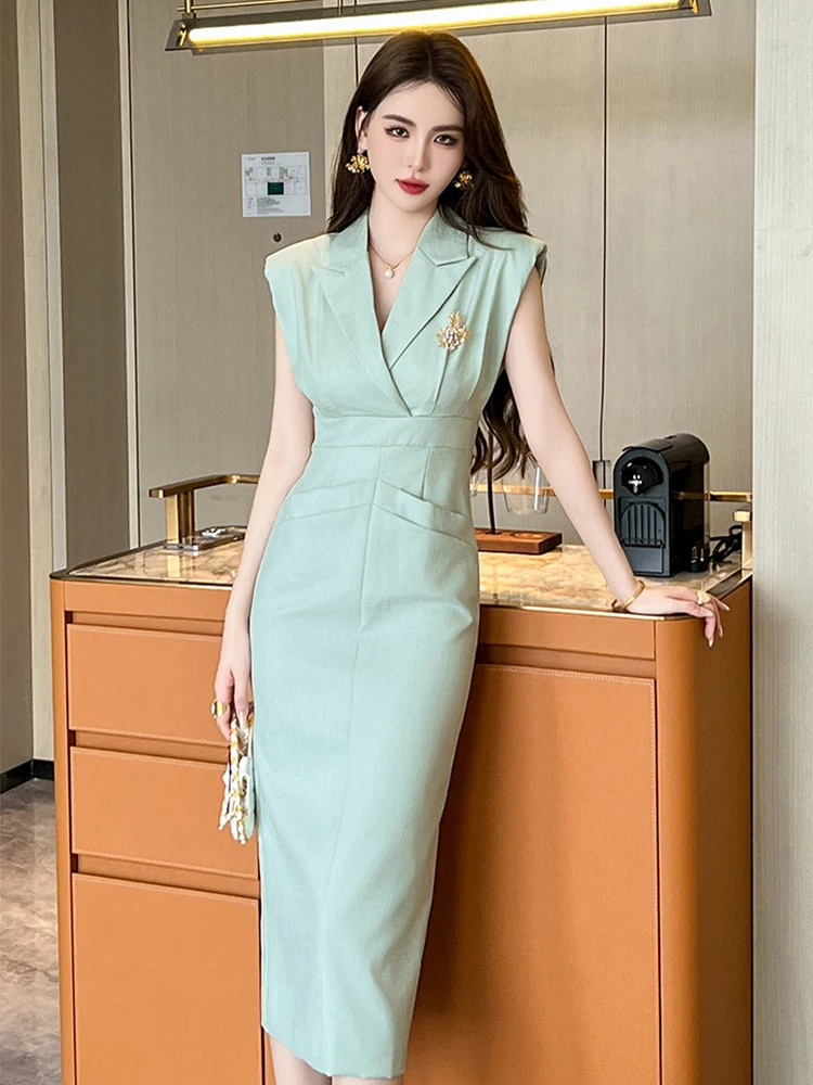 New Elegant OL Formal Dress Women Quality Professional Folds Skinny High Waist Long Robe Party Vestidos Banquet Business Clothes