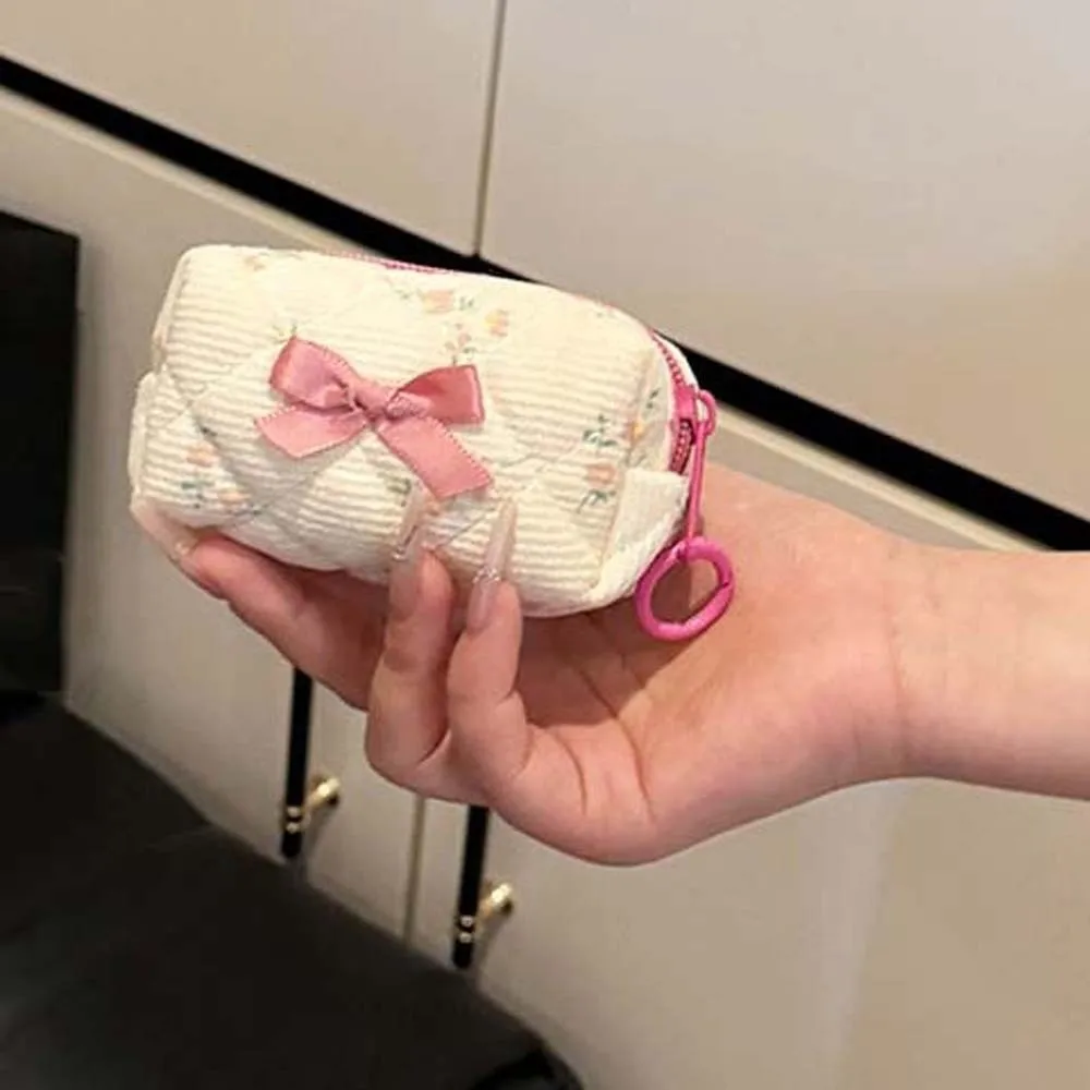 Embroidered Bowknot Mini Makeup Bag Quilted Lattice Soft Cotton Quilted Cosmetic Pouch Puffy Texture Multi Patterns