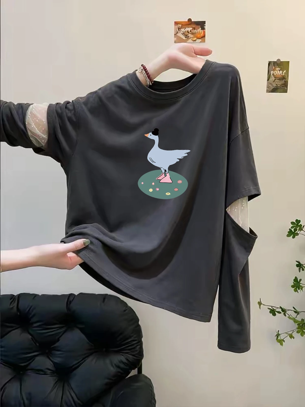 High-End Women's Long Sleeve T-Shirt Mesh Splicing Fake Two-Piece Autumn Fashion Versatile Beautiful Top Relaxing Style Creat...