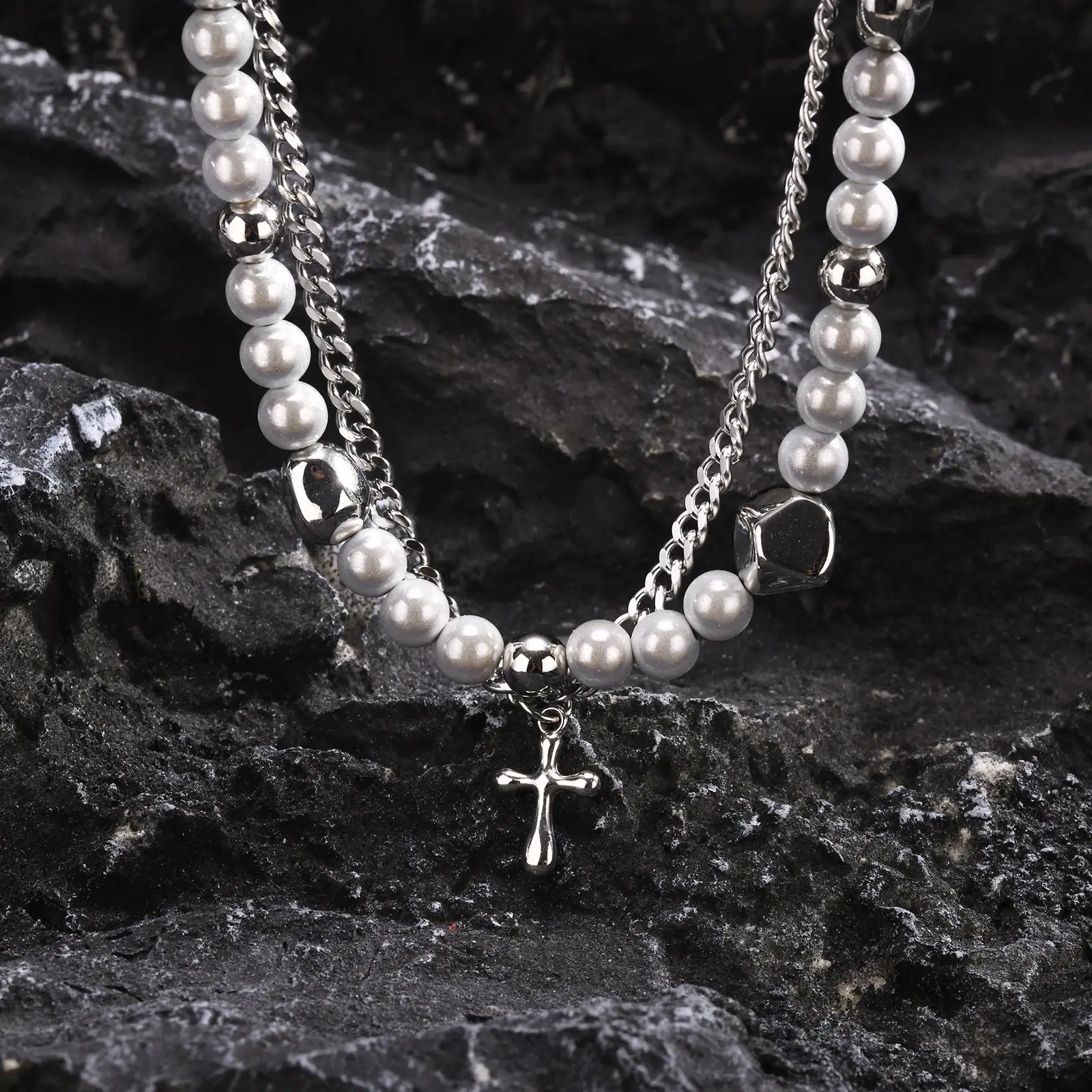 Mprainbow Long Tassel Cross Necklaces for Men Women,Reflective Beads Irregular Beaded Necklaces,Double Layers Collar