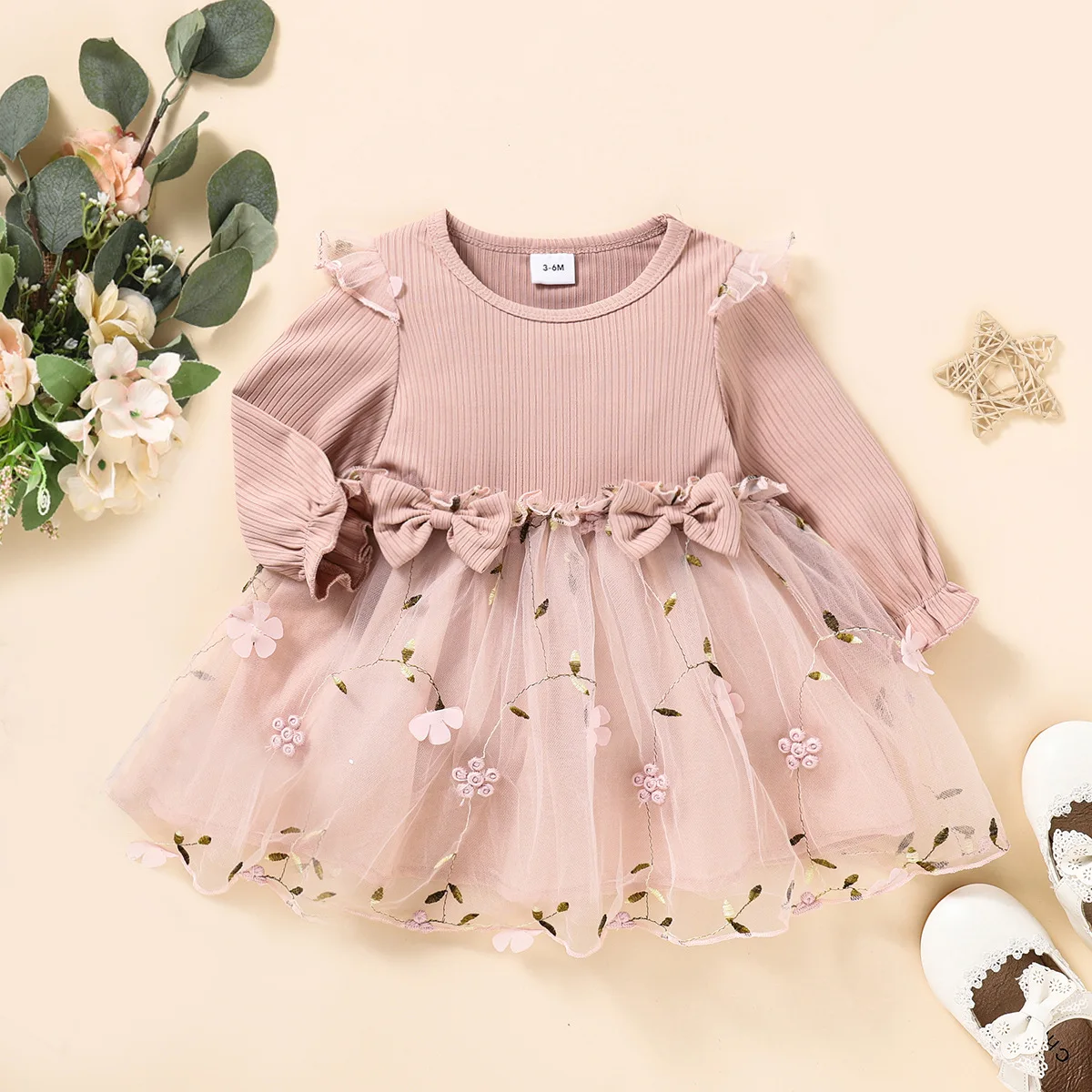 New Single Piece Spring And Autumn Baby Girl Baby Pink Thin Long Sleeved Princess Flower Mesh Dress