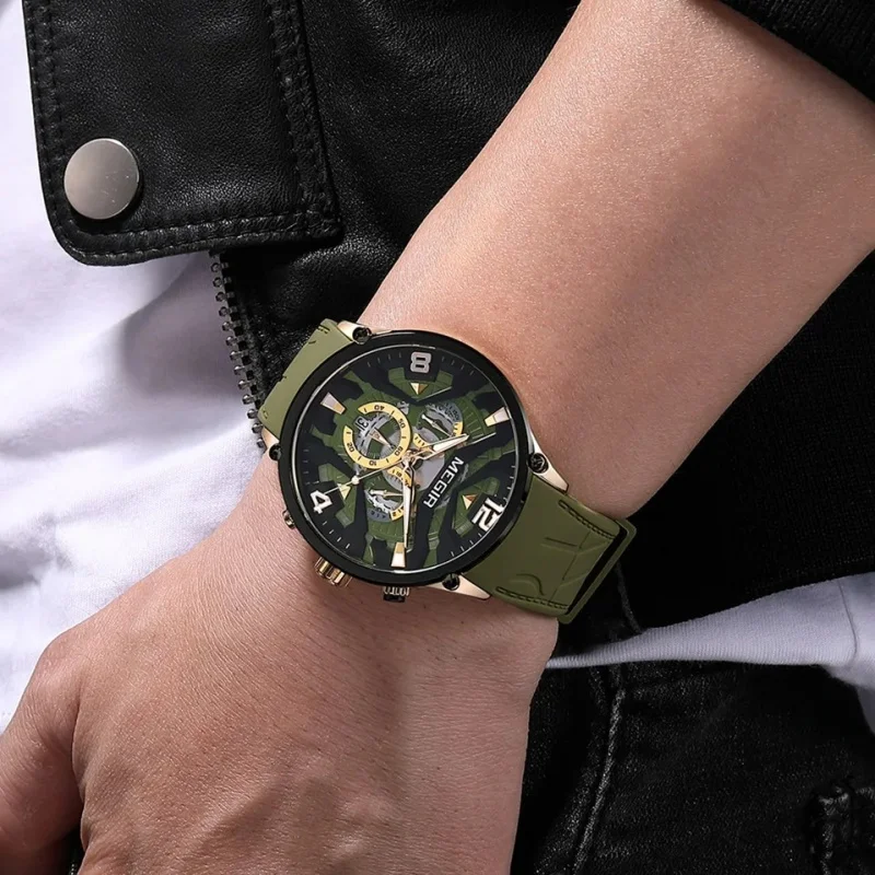 MEGIR 2222 Men\'s Watch Brand Vintage Multifunctional Chronograph Silicone Band Waterproof Luminous Sport Quartz Wristwatch Clock