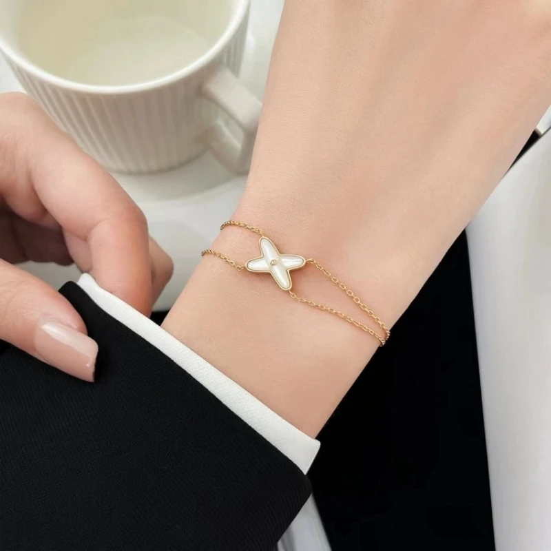 925 sterling silver white Fritillaria X-shaped bracelet women\'s fashion luxury jewelry.