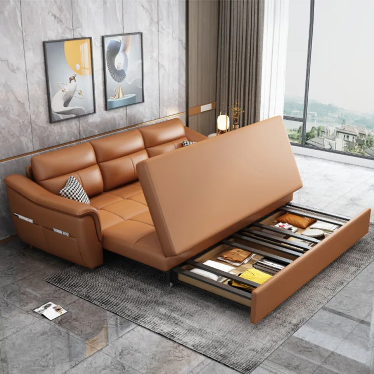 Sofa for Three People Straight Row Simple First Layer Cowhide Sofa Bed Push-Pull Dual-Use Multifunctional