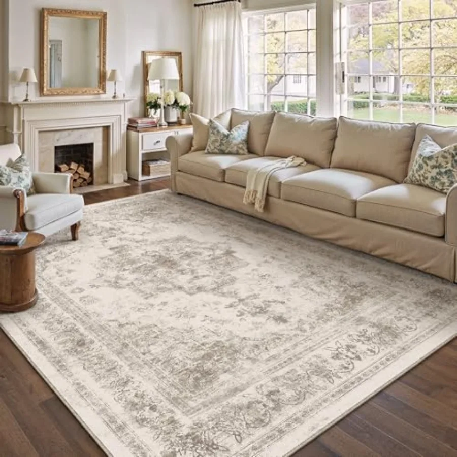 

Area Rug 10x14 Beige Washable Living Room Carpet Non Slip Vintage Medallion Indoor Bedroom Carpet Low Pile Soft Retro Distresse