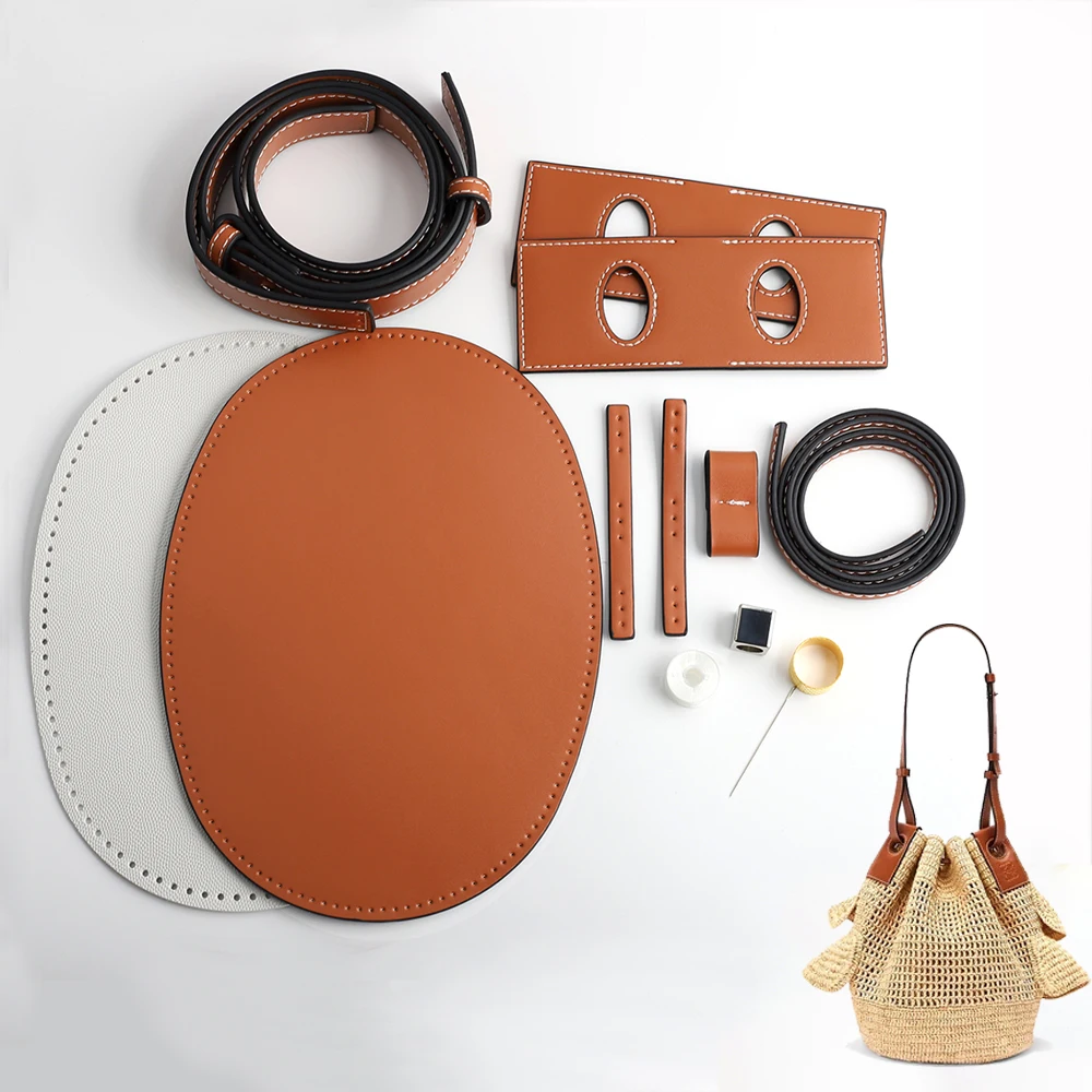 

DIY Handmade Hollow Drawstring Woven Bag Set Leather Bucket Bags Bottom Handbag Shoulder Strap Women Crossbody Weave Accessories