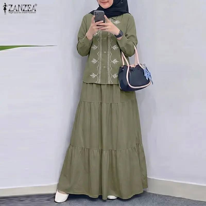 ZANZEA Women Muslim Two Piece Set Vintage Floral Embroidered Long Sleeve Button Blouse Tiered Maxi Skirt Modest Islamic Clothing